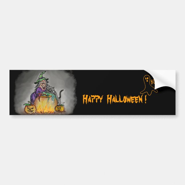 Witch and cat, Happy Halloween! Bumper Sticker (Front)