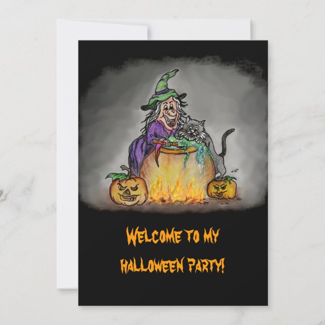 Witch and cat, Happy Halloween! Invitation (Front)