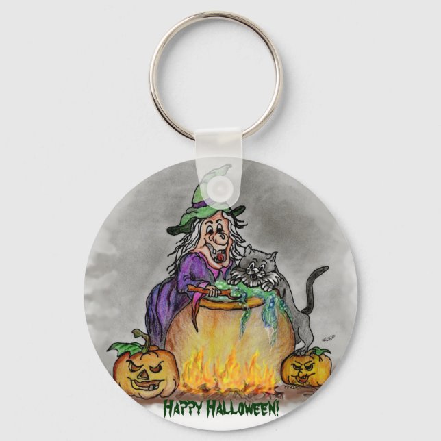 Witch and cat, Happy Halloween! Keychain (Front)