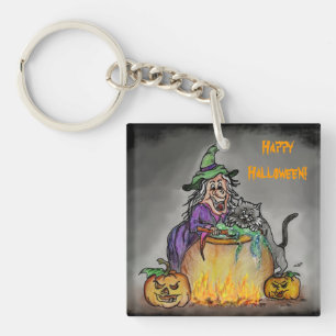 Witch and cat, Happy Halloween! Keychain