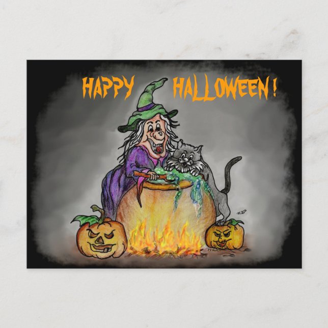 Witch and cat, Happy Halloween! Postcard (Front)