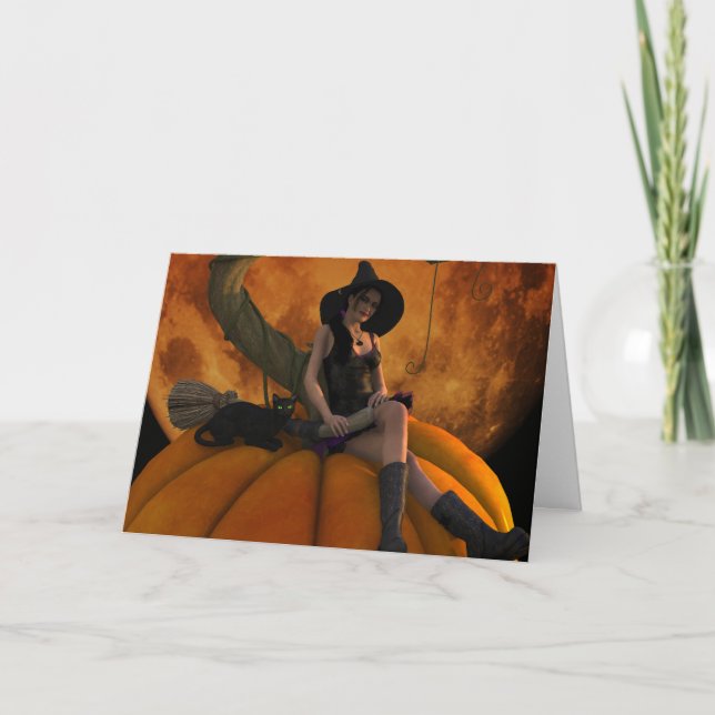 Witch and Cat on Giant Pumpkin  Card (Front)