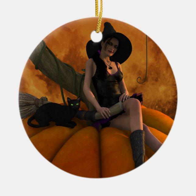 Witch and Cat on Giant Pumpkin  Ceramic Ornament (Front)