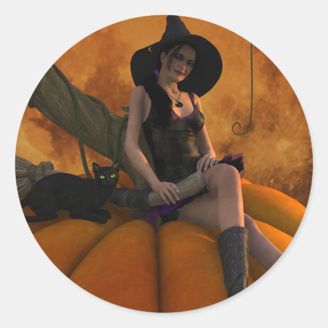Witch and Cat on Giant Pumpkin  Classic Round Sticker (Front)