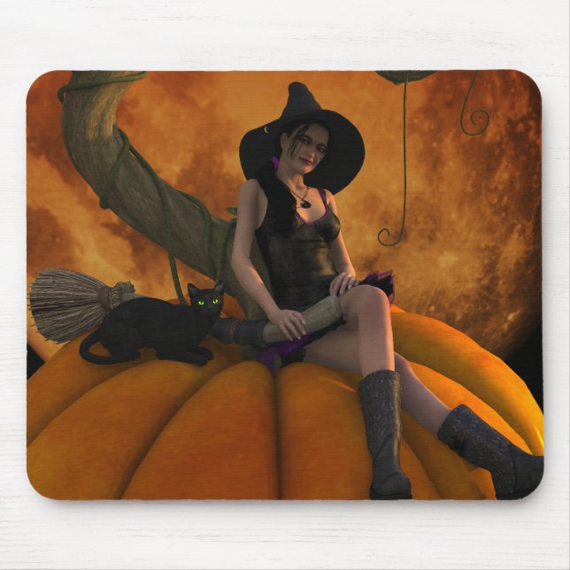 Witch and Cat on Giant Pumpkin  Mouse Pad (Front)