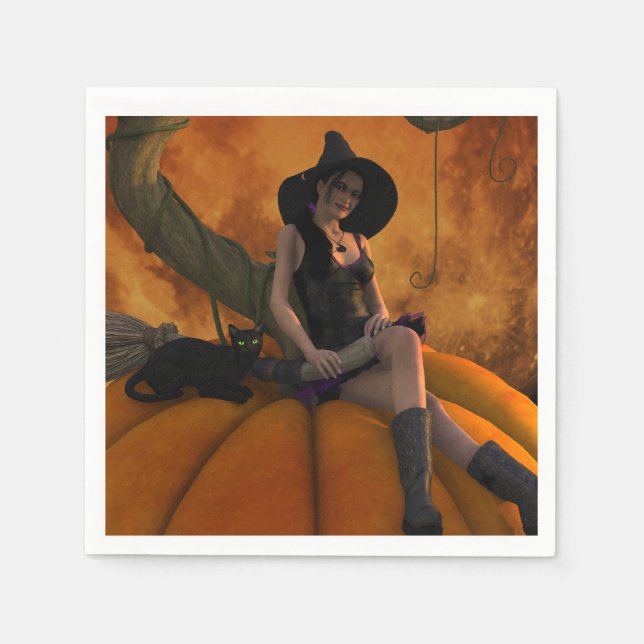 Witch and Cat on Giant Pumpkin  Napkin (Front)