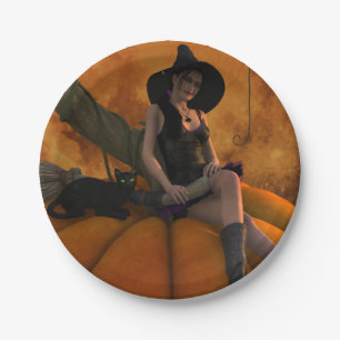 Witch and Cat on Giant Pumpkin Paper Plate