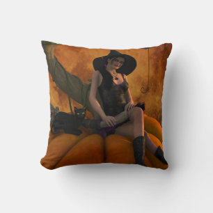 Witch and Cat on Giant Pumpkin  Throw Pillow