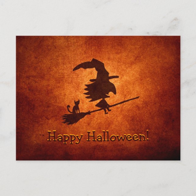 Witch and Cat Silhouette Flying on Broomstick Postcard (Front)