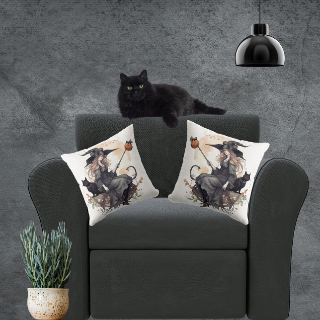 Witch and Cat with Harvest Moon and Ravens Throw Pillow (Cute witch with black cat Halloween themed throw pillows. )