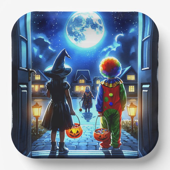 Witch and Clown looking at a Monster Halloween Paper Plate (Front)