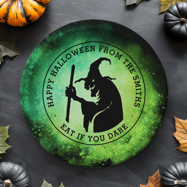 Witch and custom text green black Halloween Paper Plate (Witch and custom text green black Halloween Paper Plates)