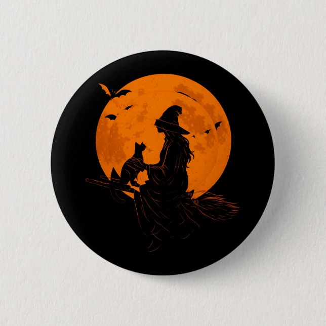 Witch And Cute Cat Black Kitten For Halloween 2 Inch Round Button (Front)