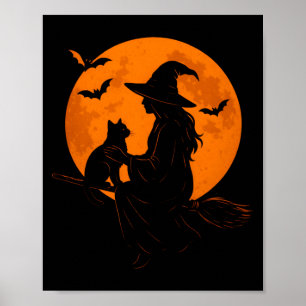 Witch And Cute Cat Black Kitten For Halloween Poster