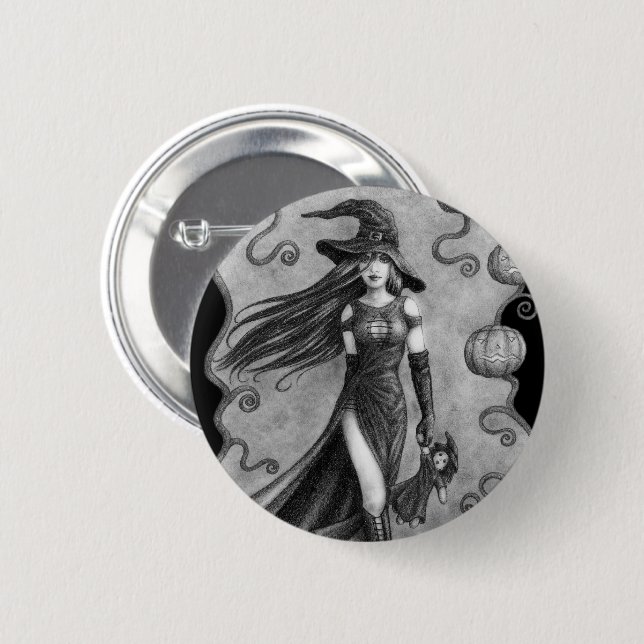 Witch and Doll Halloween 2 Inch Round Button (Front & Back)