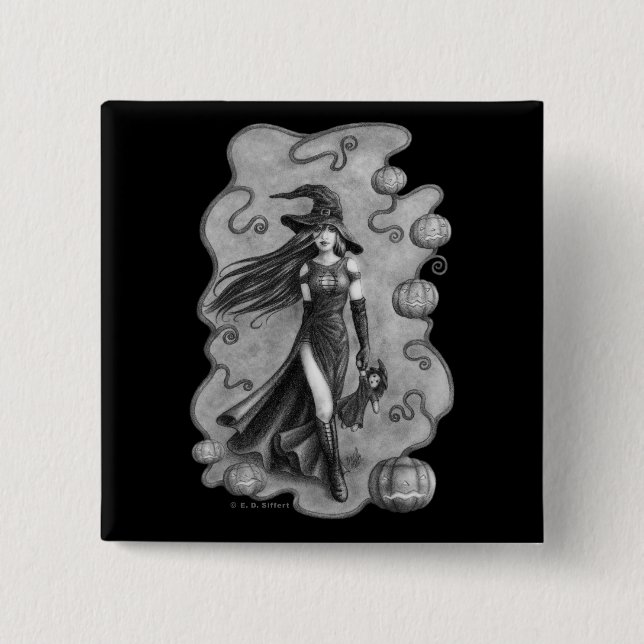 Witch and Doll Halloween 2 Inch Square Button (Front)