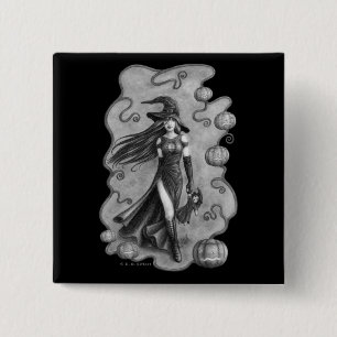 Witch and Doll Halloween 2 Inch Square Button