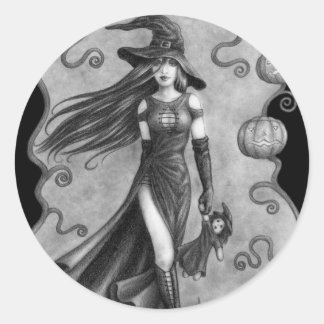 Witch and Doll Halloween Classic Round Sticker