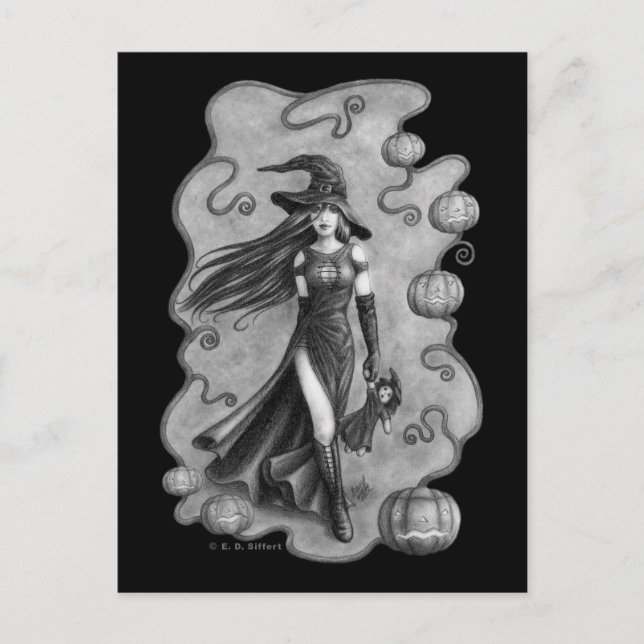 Witch and Doll Halloween Postcard (Front)