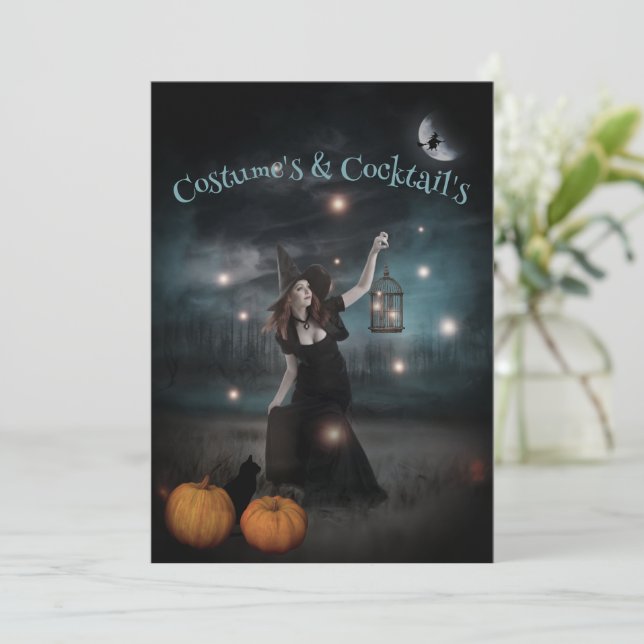 Witch and Fireflies Halloween Party Invitation (Standing Front)