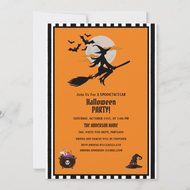  Witch and Flying Bats Orange Halloween Party  Invitation (Front)
