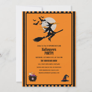 Witch and Flying Bats Orange Halloween Party  Invitation