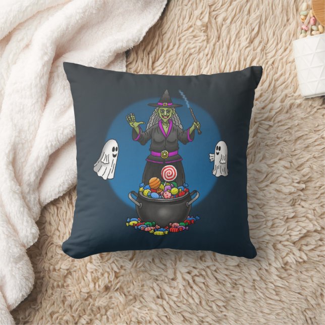 Witch and Ghosts Trick or Treat Halloween Throw Pillow (Blanket)