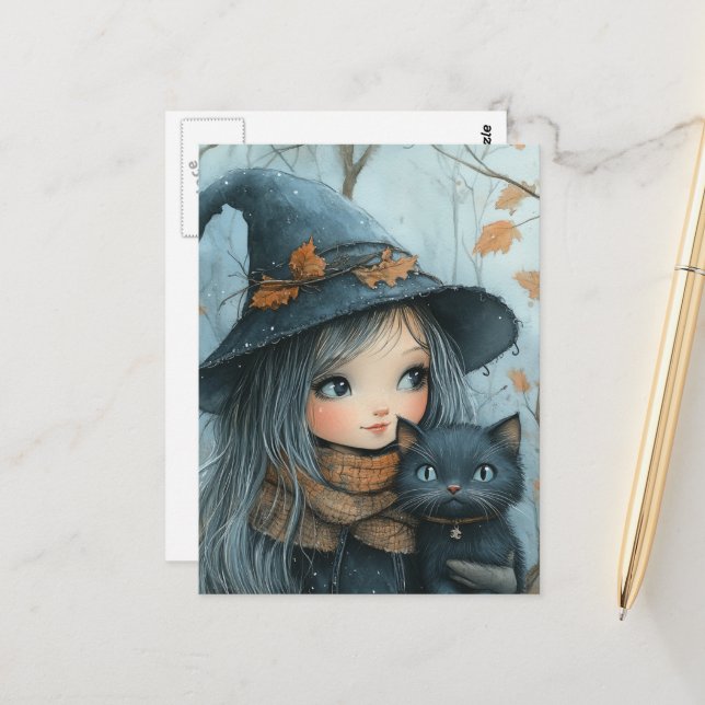 Witch and her cat in winter postcard (Front/Back In Situ)