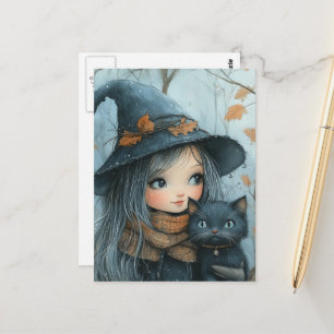 Witch and her cat in winter postcard
