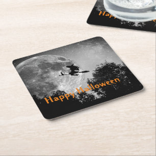 Witch and Moon Halloween Customizable  Square Paper Coaster