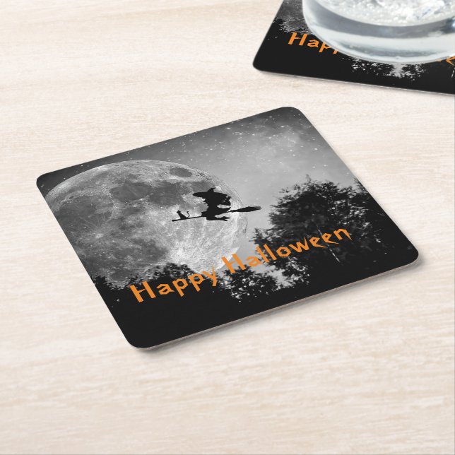 Witch and Moon Halloween Customizable  Square Paper Coaster (Angled)