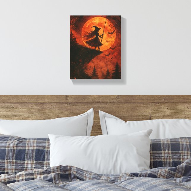 Witch and Moonlight Cliff | Spooky Halloween Canvas Print (Insitu(Bedroom))