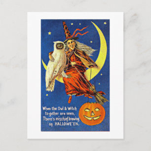 Witch and Owl on the Moon Vintage Halloween Postcard
