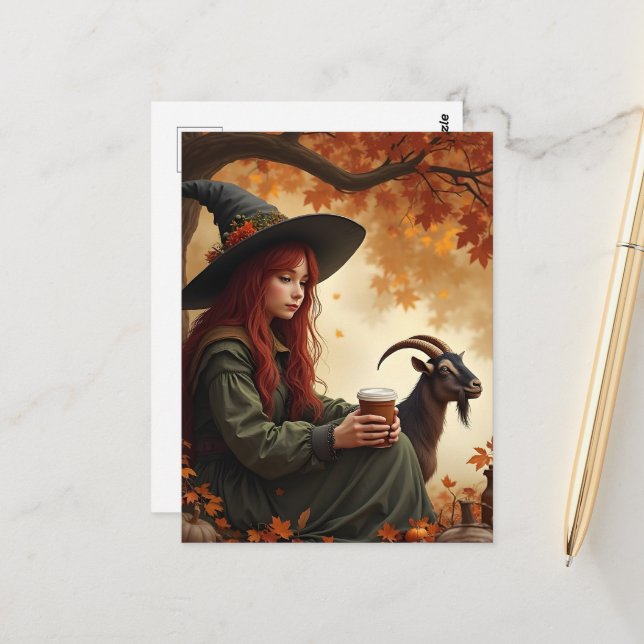 Witch and Pet Goat in Autumn Postcard (Front/Back In Situ)