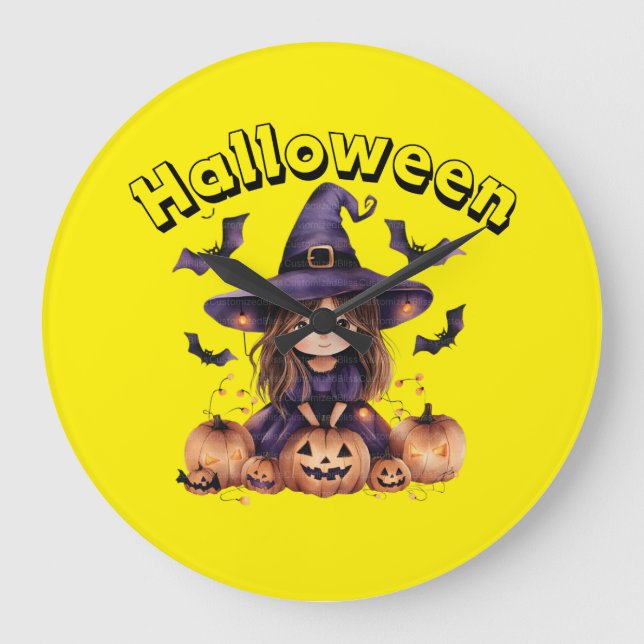 Witch and Pumpkins Halloween Wall Clock (Front)