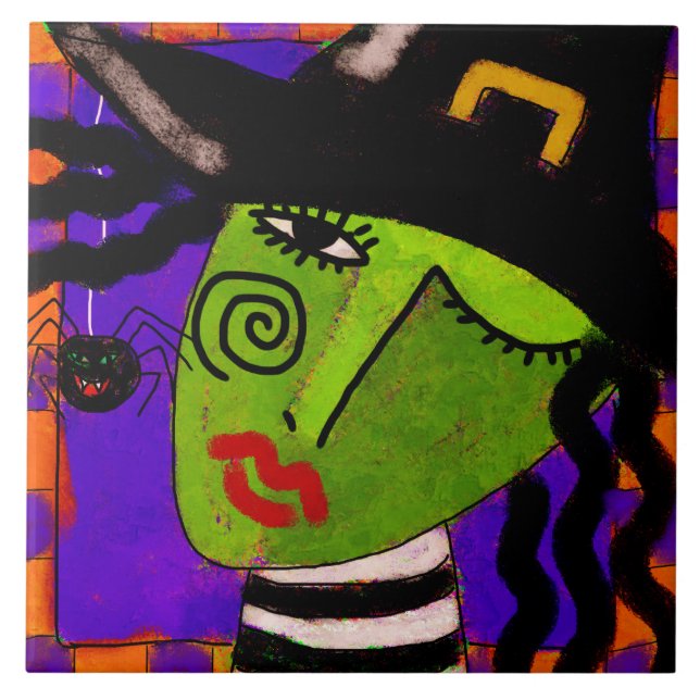 Witch and Spider Abstract Halloween Art Tile (Front)