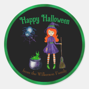 Witch and Spider Custom Name Black Halloween Classic Round Sticker