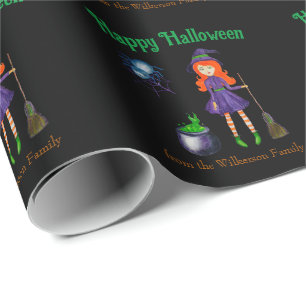 Witch and Spider Custom Name Black Halloween Wrapping Paper