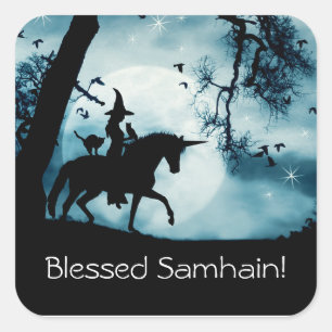 Witch and Unicorn with Blessed Samhain Square Sticker