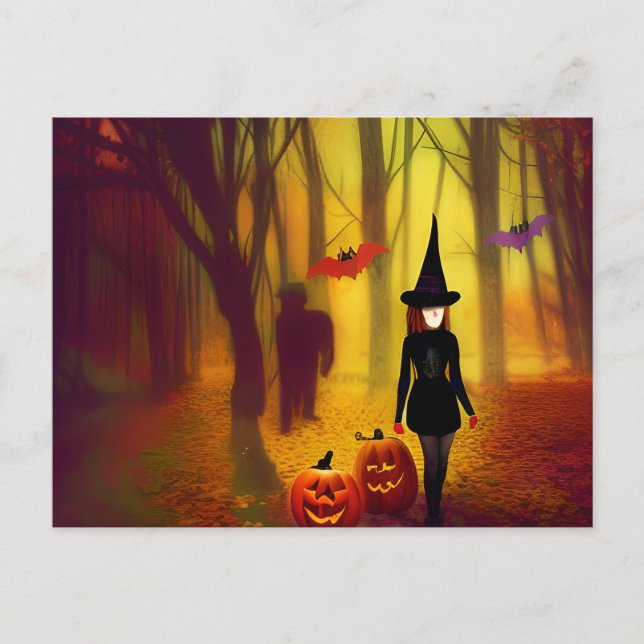 Witch and Zombie in the Woods Halloween Party   Postcard (Front)