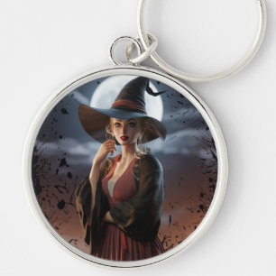 Witch Art Full Moon Coaster Keychain