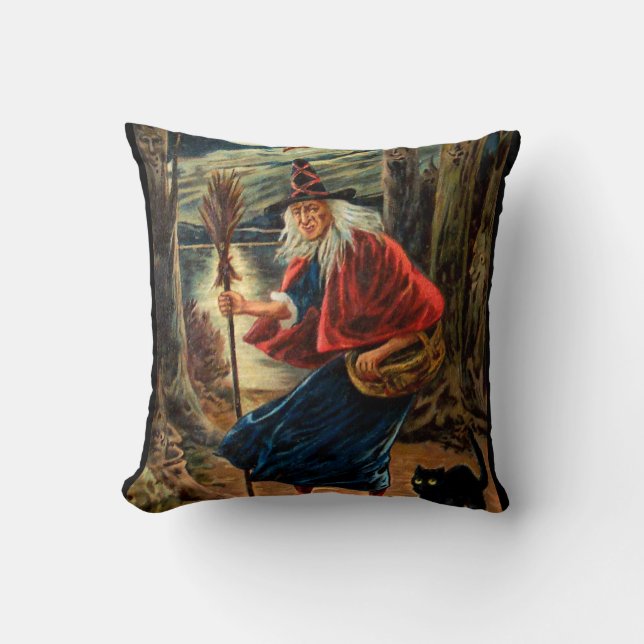 Witch at Halloween Night Throw Pillow (Front)