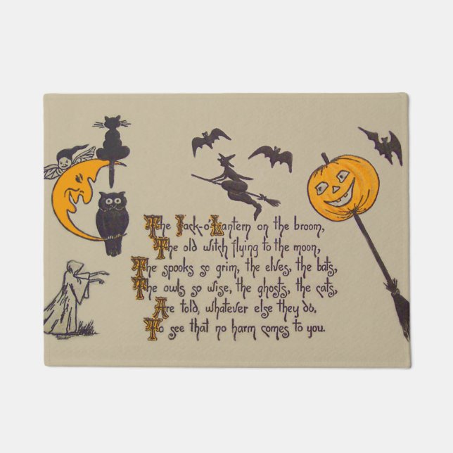 Witch Bat Owl Black Cat Jack O' Lantern Doormat (Front)