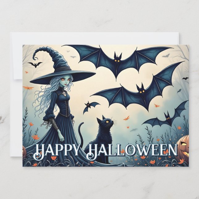 Witch, Black Cat and Bats in Twilight Sky (Front)