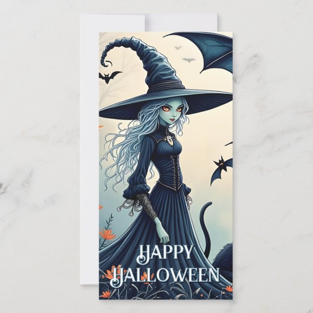 Witch, Black Cat and Bats in Twilight Sky (Front)