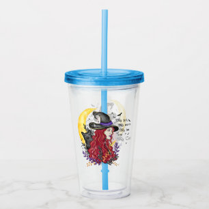 Witch, Black Cat and Crescent Moon Acrylic Tumbler