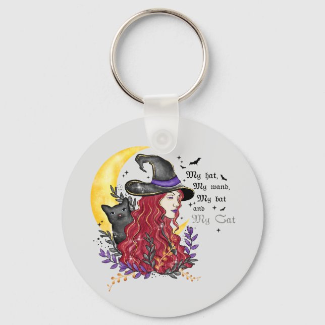 Witch, Black Cat and Crescent Moon Keychain (Front)