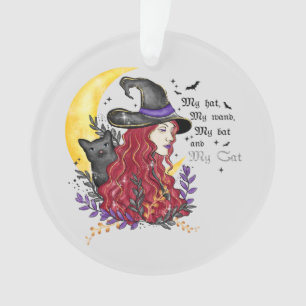 Witch, Black Cat and Crescent Moon Ornament
