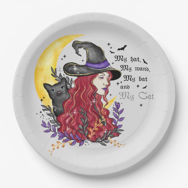 Witch, Black Cat and Crescent Moon Paper Plate (Front)
