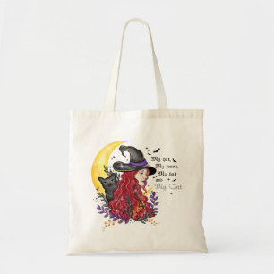 Witch, Black Cat and Crescent Moon Tote Bag